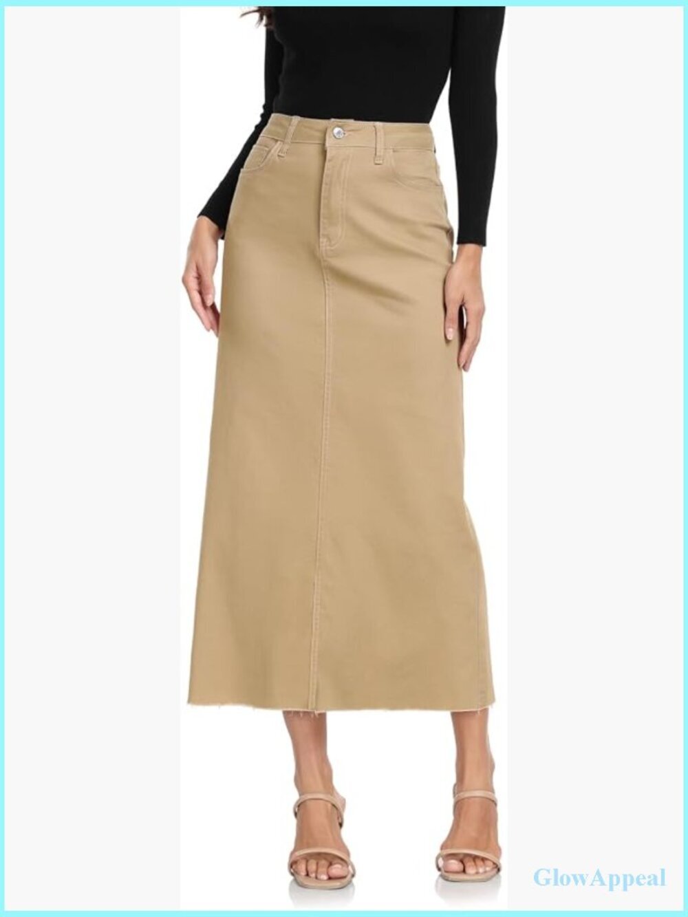 High Waisted Raw Hem A Line Denim Midi Skirt with Pockets